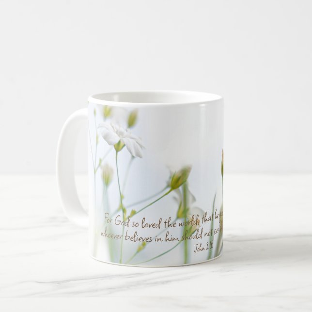John 3:16 Bible Verse White Floral Beauty Kaffeetasse (Vorderseite Links)