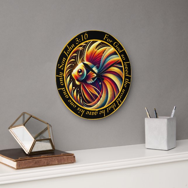 John 3:16 Christlich Marine Majesty Betta Fish Große Wanduhr (Büro)