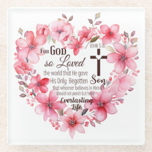 John 3:16 Floral Heart Bible Verse Glasuntersetzer