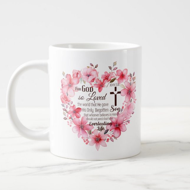 John 3:16 Floral Heart Bible Verse Jumbo-Tasse (Links)