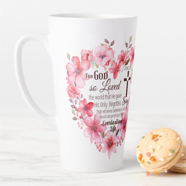 John 3:16 Floral Heart Bible Verse Milchtasse (Beispiel)