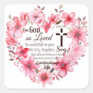 John 3:16 Floral Heart Bible Verse Quadratischer Aufkleber