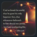 John 3:16 God so loved the world, Christmas Candle Quadratischer Aufkleber<br><div class="desc">Beautiful Christmas sticker depicts a glowing candle surrounded by star lights and features the beloved Bible Verse John 3:16,  "For God so loved the world,  that he gave his only Son,  that whosoever believes in him should not perish,  but have eternal life."*</div>