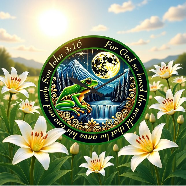 John 3:16 Golden Frog Hops in Rustic Perfection Große Wanduhr (Von Creator hochgeladen)