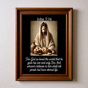 John 3:16 Jesus bricht Brot Kommunion Korb Poster