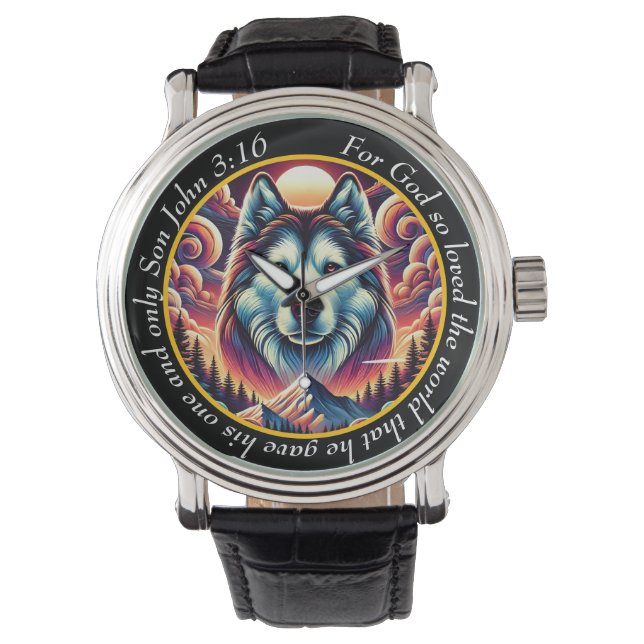 John 3:16 Lone Wolf Timepiece Mountain Faith Armbanduhr (Vorderseite)