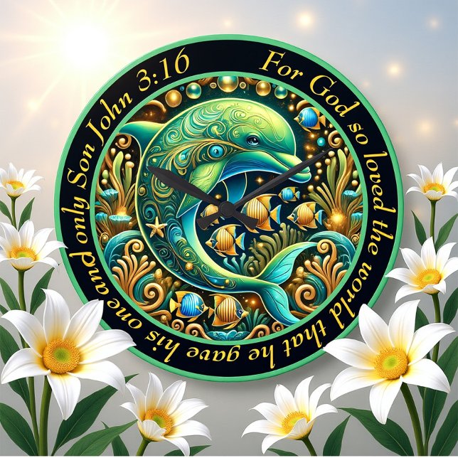 John 3:16 Ocean Harmony Dolphin Große Wanduhr (Von Creator hochgeladen)