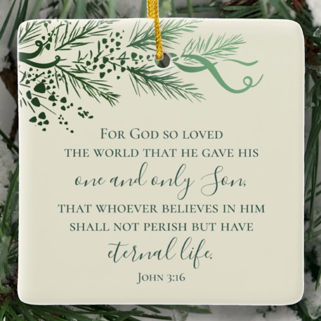 John 3:16 Personalisiert Sage Pine Christmas Gesch Keramikornament (Elegant modern custom Sage script John 3:16 Christmas ornament gift. Personalize hand drawn pine.)