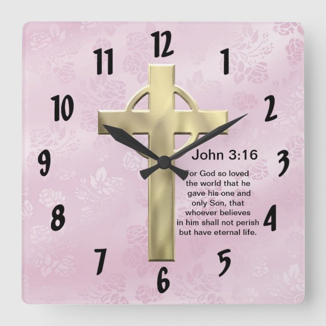 John-3:16 (Rosa) Quadratische Wanduhr (Vorderseite)