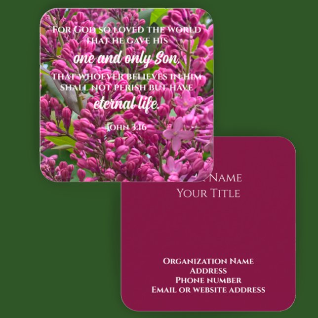 John 3:16 Scripture Card Blume Foto Benutzerdefini Quadratische Visitenkarte (John 3:16 Bible scripture verse cards on floral lilac photo. Elegant custom script business cards.
)
