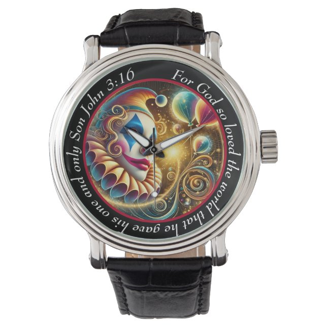 John 3:16 verse Clown Timepiece Joyful Faith Armbanduhr (Vorderseite)