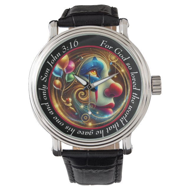 John 3:16 Vibrant Clown Timepiece Joyful Faith Armbanduhr (Vorderseite)