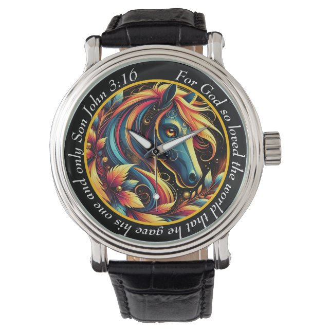 John 3:16 Vibrant Horse Timepiece Nature Faith Armbanduhr (Vorderseite)