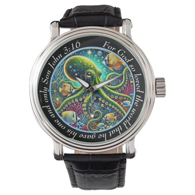 John 3:16 Vibrant Octopus Timepiece Sea Faith Armbanduhr (Vorderseite)