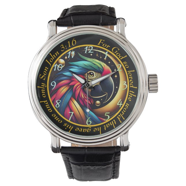 John 3:16 Vibrant Parrot Timepiece Celestial Faith Armbanduhr (Vorderseite)