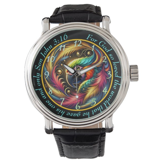John 3:16 Vibrant Parrot Timepiece Tropical Faith Armbanduhr (Vorderseite)