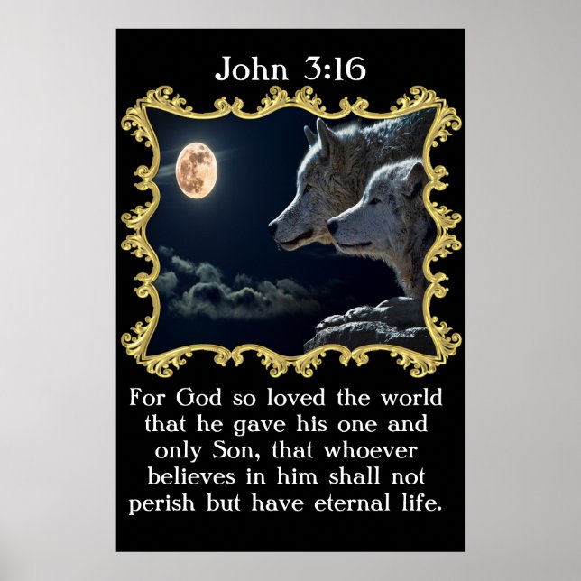 John 3:16 Wölfe, der in den Vollmond schaute. Poster (Vorne)