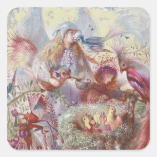 John Anster Fitzgerald - Fairies und ein Vogelnest Quadratischer Aufkleber