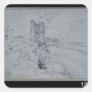 John Constable   Hütten über eine hohe Bank, 1834 Quadratischer Aufkleber
