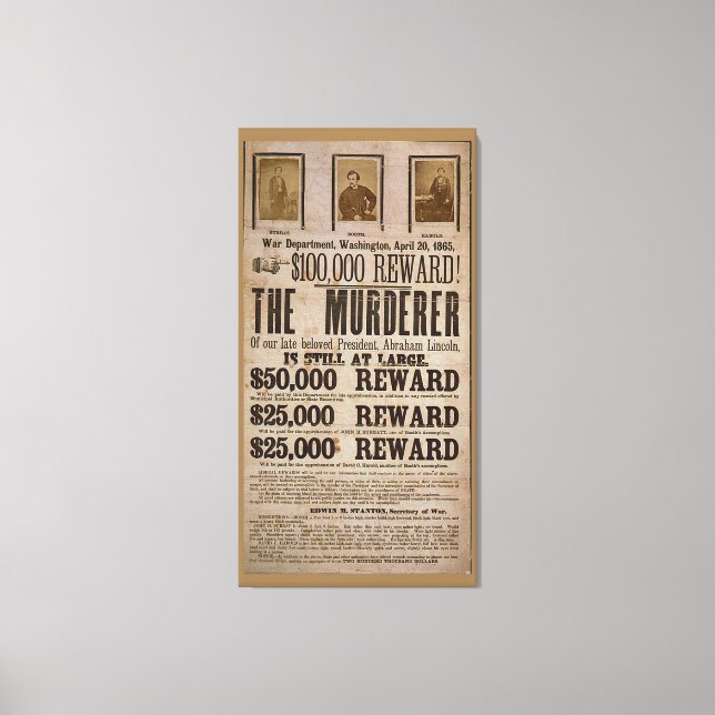 John Wilkes Booth Wollte Plakat Abe lincoln Mord Leinwanddruck (Vorderseite)