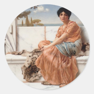 John William Godward - In den Tagen von Sappho Runder Aufkleber