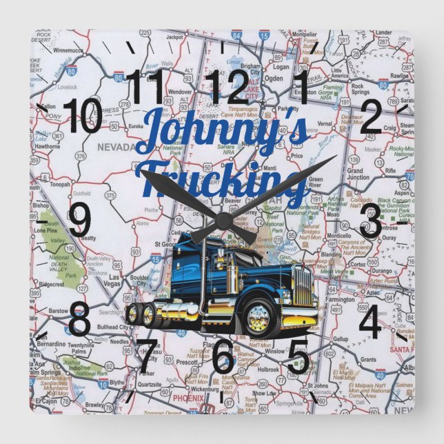 Johnny's Trucking Road Map Square Wall Clock Quadratische Wanduhr (Vorderseite)
