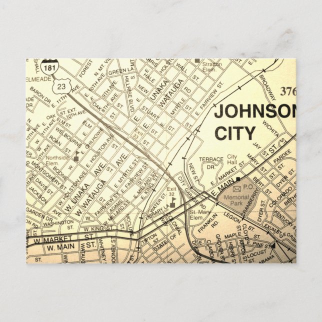 Johnson City, TN Vintag Map Postkarte (Vorderseite)
