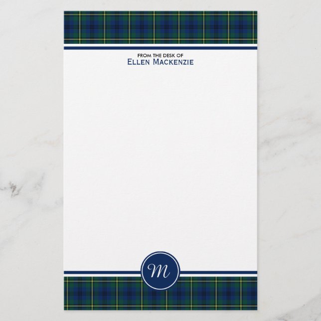 Johnston Clan Tartan Blue und Green Kariert Monogr Briefpapier (Vorderseite)