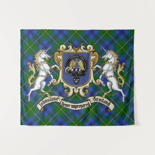 Johnstone Clan Abzeichen & Unicorns w/Tartan Wandteppich (Vorderseite (Horizontal))