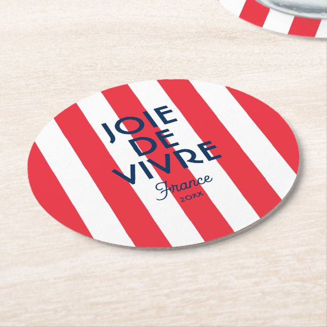 Joie De Vivre France Red Cabana Stripe Französisch Runder Pappuntersetzer (Angewinkelt)