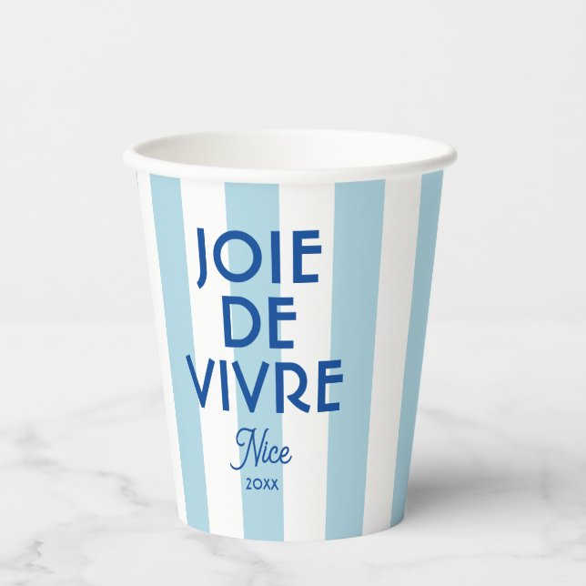 Joie De Vivre Nice Blue Cabana Stripe Französisch Pappbecher (Vorderseite)