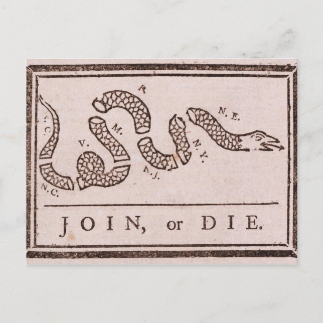Join oder Die Benjamin Franklin Politischer Cartoo Postkarte (Vorderseite)