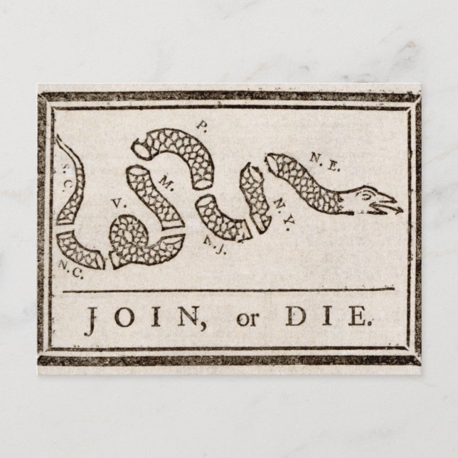 Join oder Die Benjamin Franklin Politischer Cartoo Postkarte (Vorderseite)
