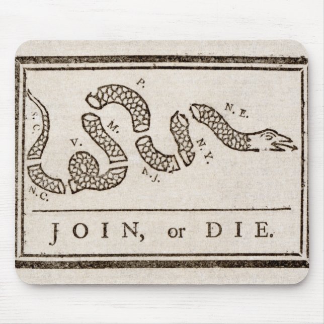 Join oder Die Rattlesnake: Cartoon Benjamin Frankl Mousepad (Vorne)