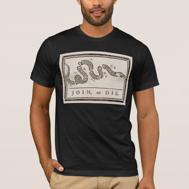 Join oder Die Rattlesnake: Cartoon Benjamin Frankl T-Shirt (Vorderseite)