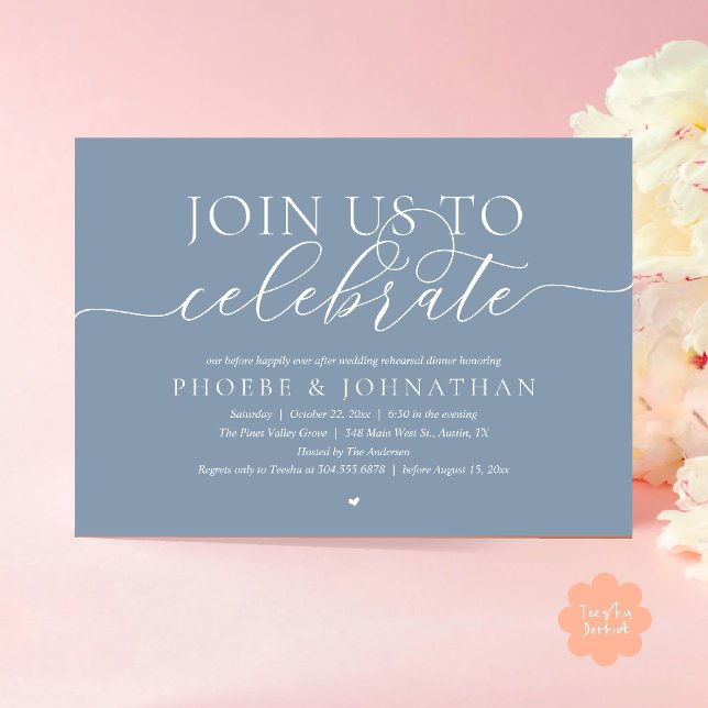 Join Us To Celebrate, Wedding Rehearsal Dinner Einladung (Join Us To Celebrate, Modern Classy Wedding Rehearsal Dinner Invitation card in dusty blue)
