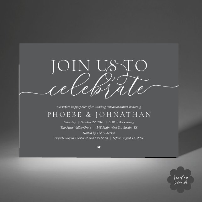 Join Us To Celebrate, Wedding Rehearsal Dinner Einladung (Join Us To Celebrate, Modern Classy Wedding Rehearsal Dinner Invitation card in dark grey)