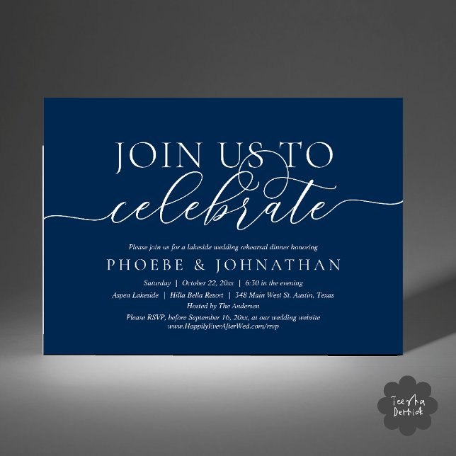 Join Us To Celebrate, Wedding Rehearsal Dinner Einladung (Join Us To Celebrate, Wedding Rehearsal Dinner Invitation card in navy blue)