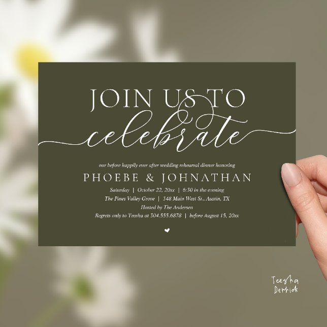 Join Us To Celebrate, Wedding Rehearsal Dinner Einladung (Join Us To Celebrate, Modern Classy Wedding Rehearsal Dinner Invitation card in olive green)
