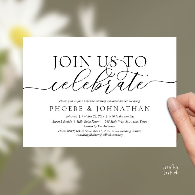 Join Us To Celebrate, Wedding Rehearsal Dinner Einladung (Join Us To Celebrate, Modern Classy Wedding Rehearsal Dinner Invitation card in black and white)