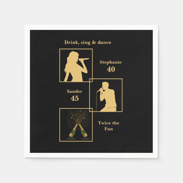 Joint Birthday Double the Fun Black Gold Serviette (Vorderseite)