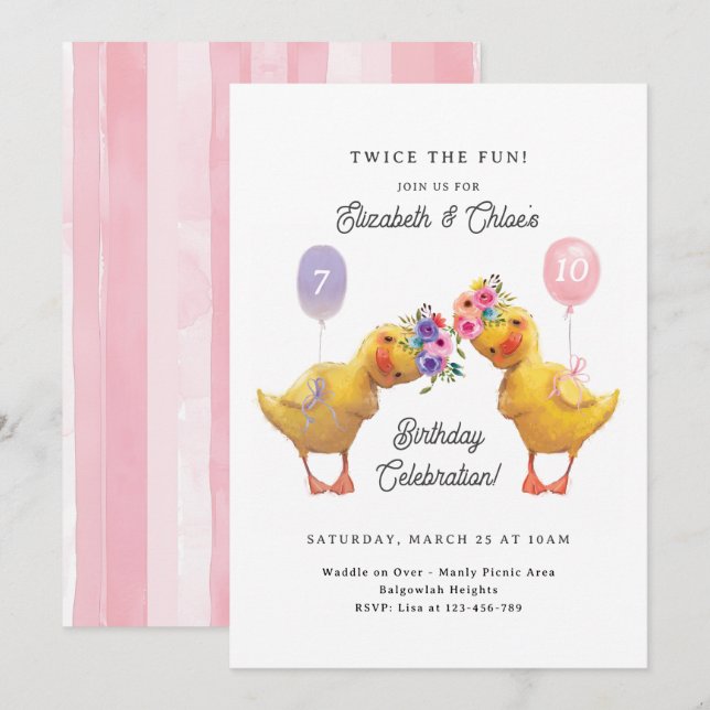 Joint Birthday Invite, Duck Double Party Einladung (Vorne/Hinten)