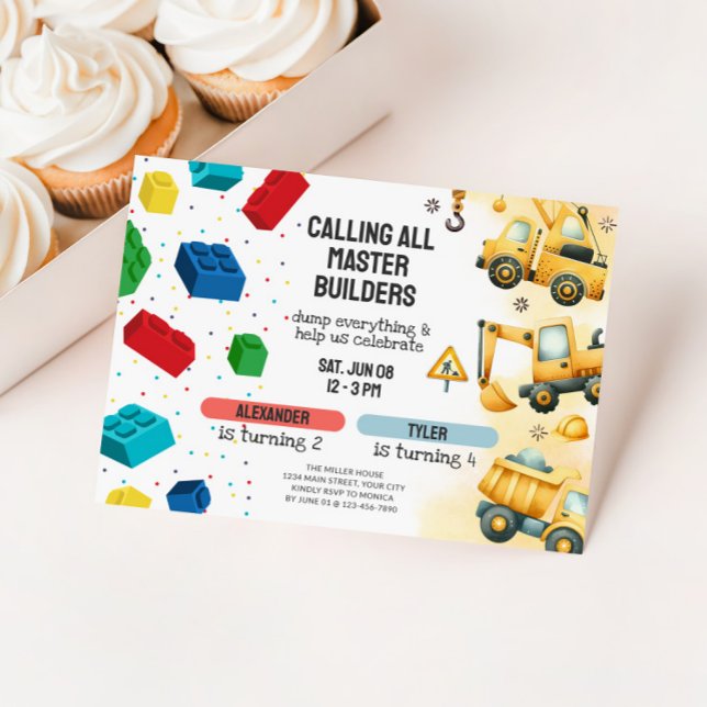 Joint Construction & Building Blocks Birthday Einladung (Dual Birthday Party Invitation - Building Blocks & Dump Trucks)