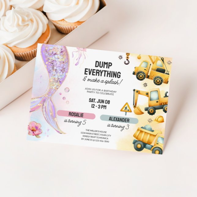 Joint Construction & Mermaid Sibling Geburtstag Einladung (Kids Joint Birthday Invite - Mermaid & Construction)