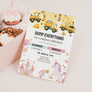 Joint Construction & Unicorn Sibling Birthday Einladung