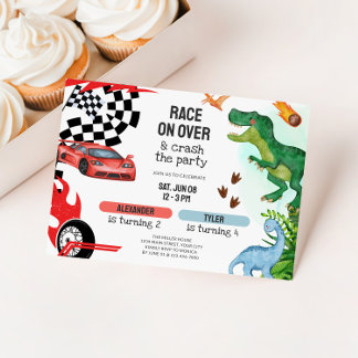 Joint Dinosaur & Race Cars Sibling Birthday Einladung