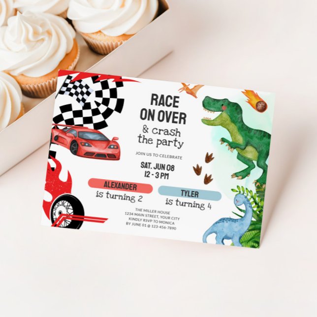 Joint Dinosaur & Race Cars Sibling Birthday Einladung (Dual Kids Birthday Party Invite - Race Cars & Dinosaurs)