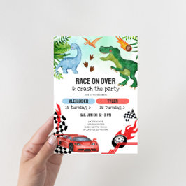 Joint Dinosaur & Race Cars Sibling Birthday Einladung
