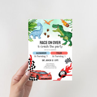 Joint Dinosaur & Race Cars Sibling Birthday Einladung