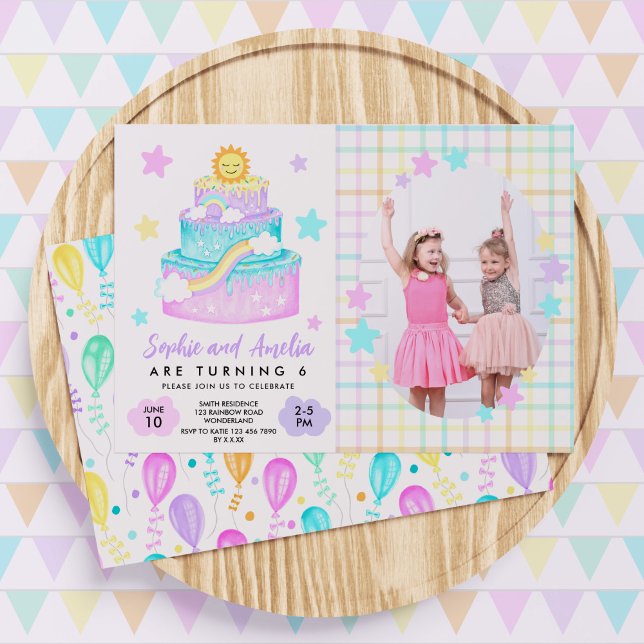 Joint Sisters Rainbow Birthday Party Foto Einladung (Joint girl rainbow birthday invitation with a photo)